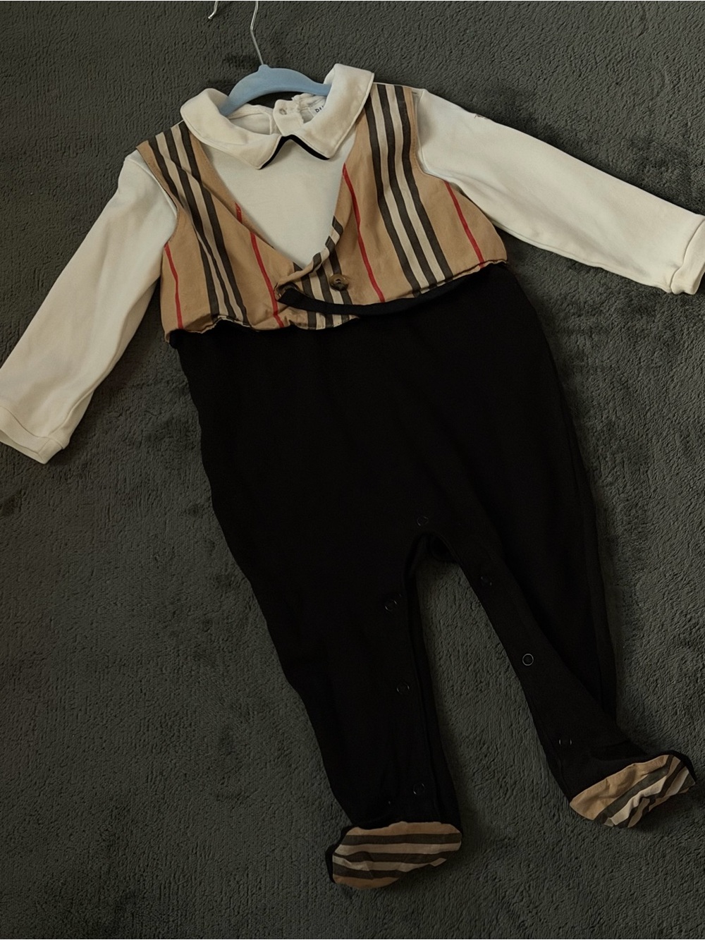 Burberry Beige Striped Vest Footie with Black Bottom and White Top